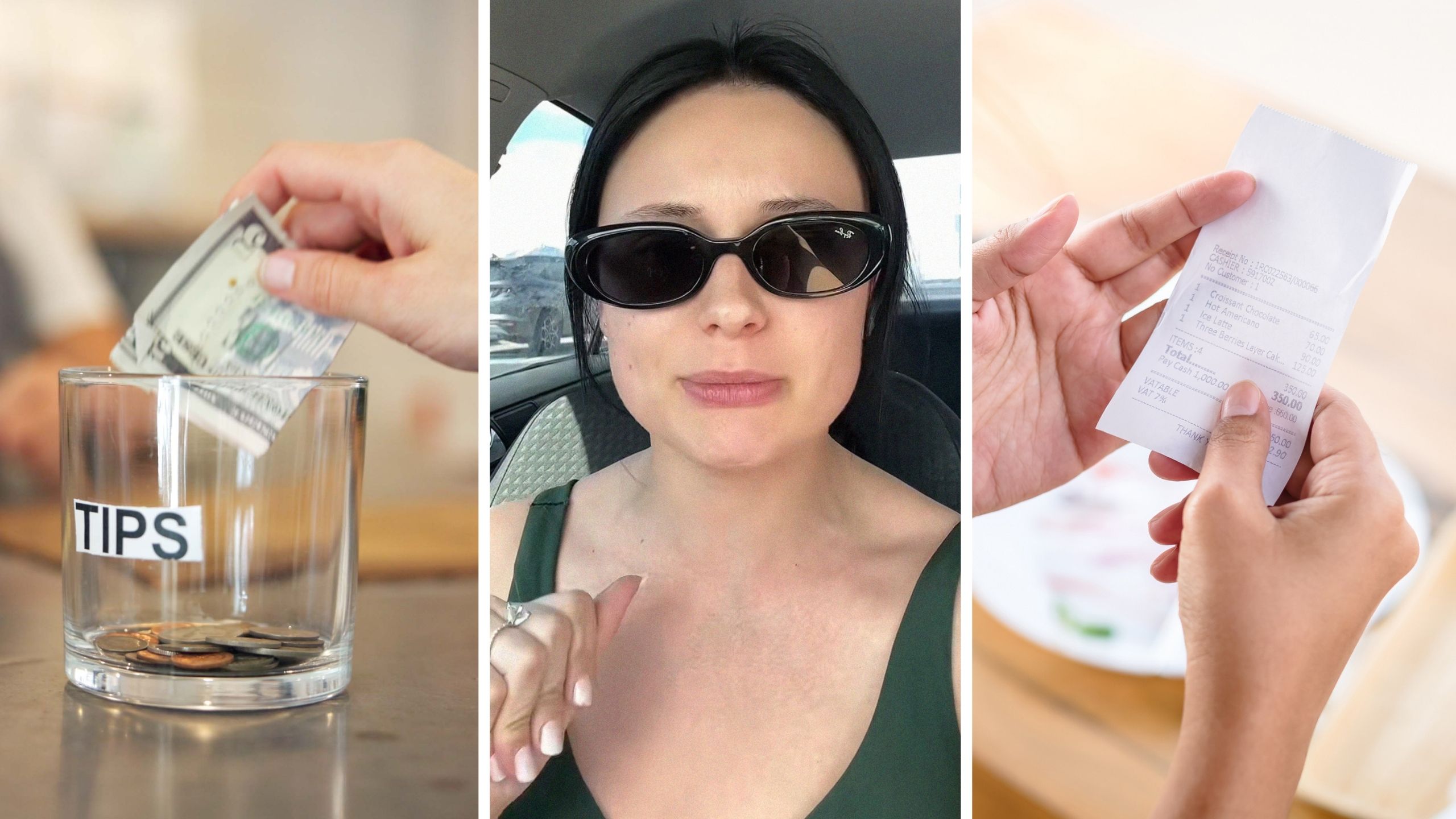 tip jar (l) woman shares eating out issue (c) woman checking her bill (r)