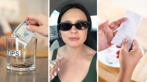 tip jar (l) woman shares eating out issue (c) woman checking her bill (r)