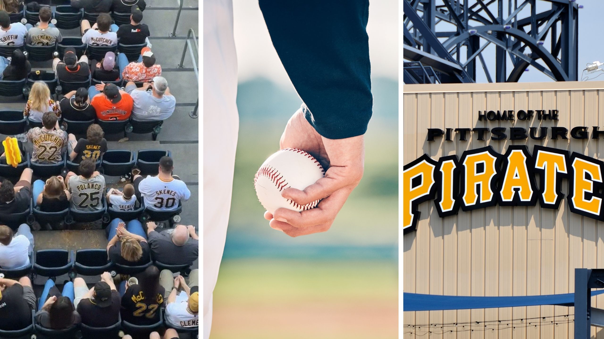 fan seats (l) baseball game (c) Pittsburgh Pirates game stadium (r)