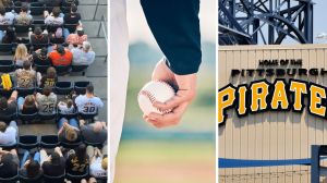 fan seats (l) baseball game (c) Pittsburgh Pirates game stadium (r)