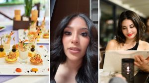 fancy appetizers (l) woman shares fine dining experience (c) woman fine dining (r)