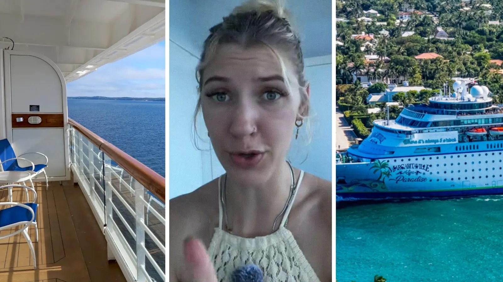 cruise balcony (l) woman shares cruise tips (c) margaritaville cruise (r)