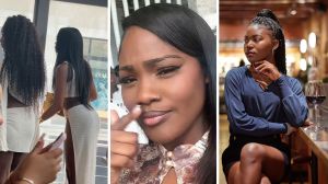 woman's doppelgänger (l) woman shares restaurant encounter (c) woman stares across the room (r)