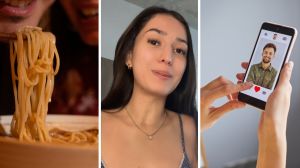 man and woman on ramen date (l) woman shares tinder experience (c) woman matches with man on tinder (r)