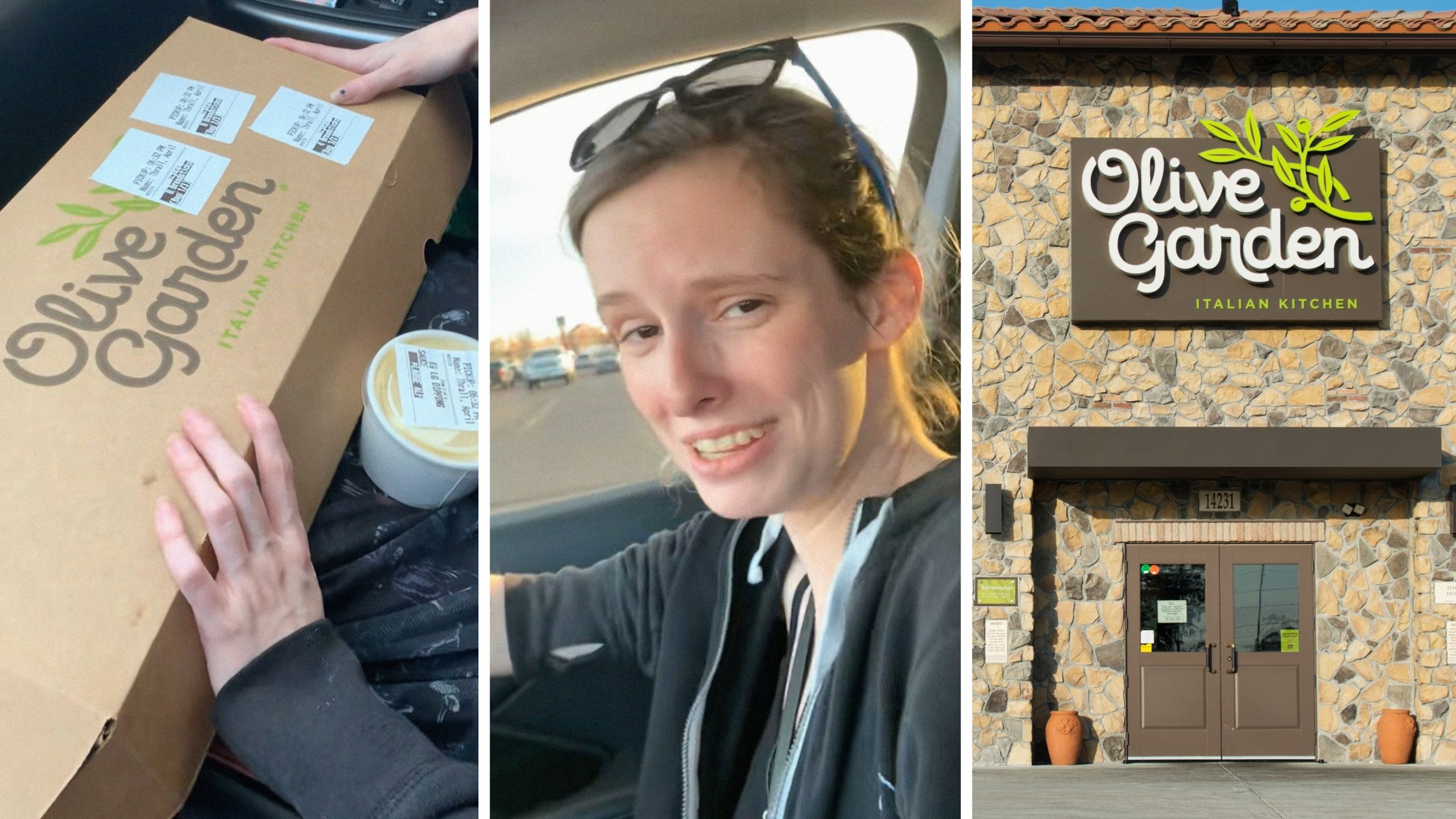 olive garden food package (l) woman shares food order (c) Olive garden entrance (r)