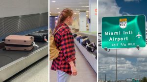 luggage claim area (l) woman goes to pick up her luggage (c) miami airport sign (r)