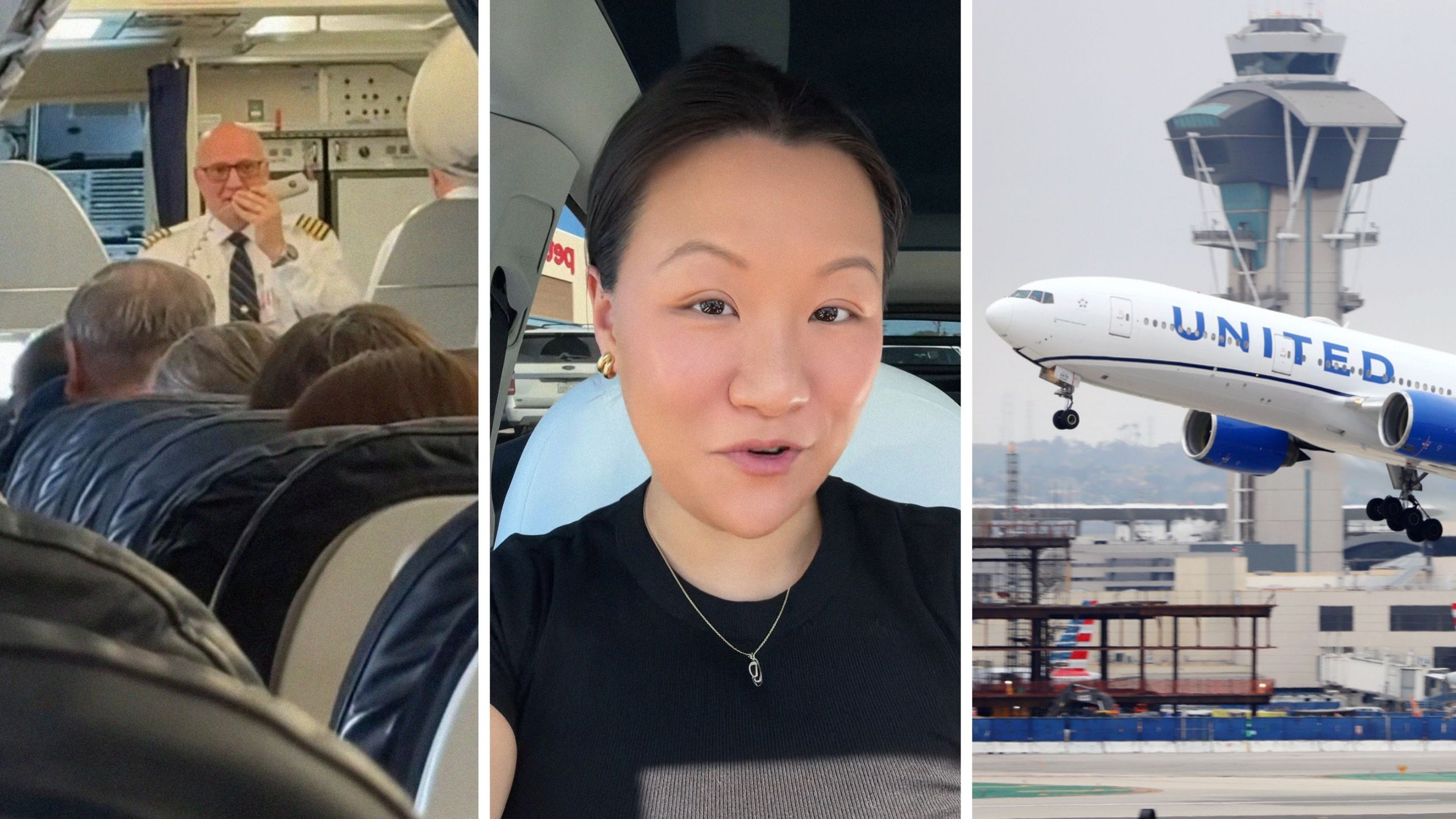 pilot gives an announcement (l) woman shares flight experience (c) united airlines (r)