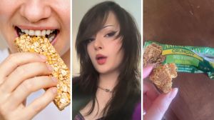woman bites into granola bar (l) woman shares protein bar issue (c) Nature Valley granola bar (r)