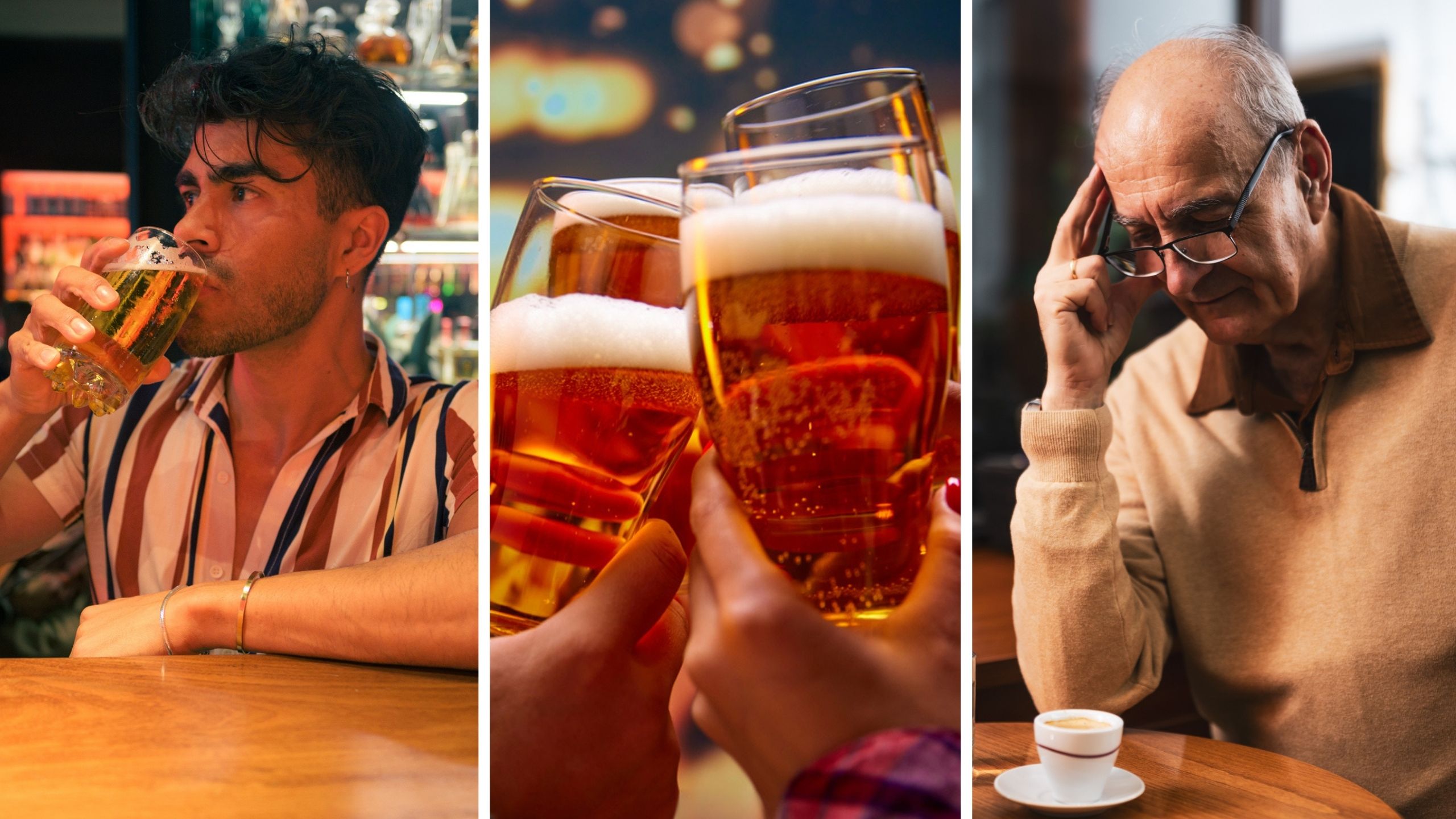 man drinking his beer at bar (l) beers clinking (c) upset father in law (r)