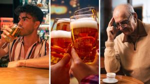 man drinking his beer at bar (l) beers clinking (c) upset father in law (r)
