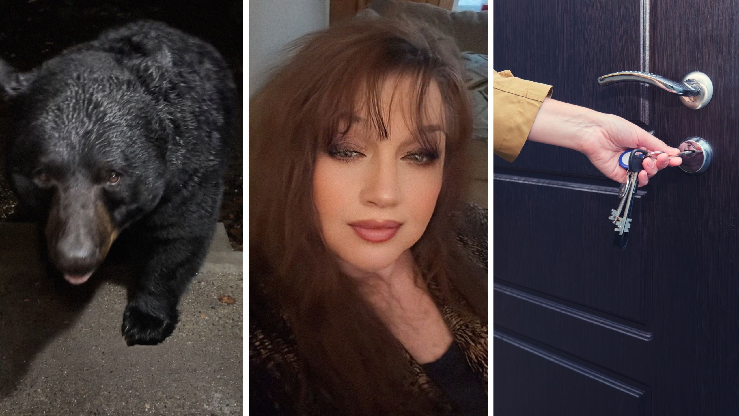 black beer (l) woman shares front door encounter (c) woman opening front door (r)