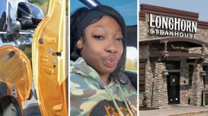 car door hitting another car (l) woman shares parking lot issue (c) Longhorn steakhouse entrance (r)