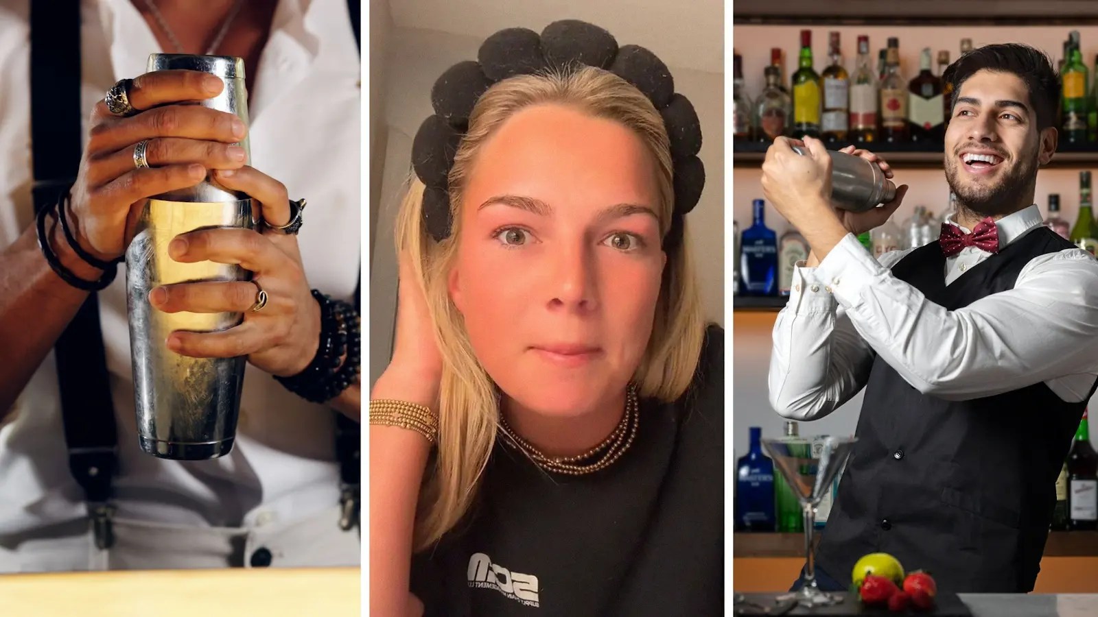 drink shaker (l) woman shares bar experience (c) bartender doing tricks (r)