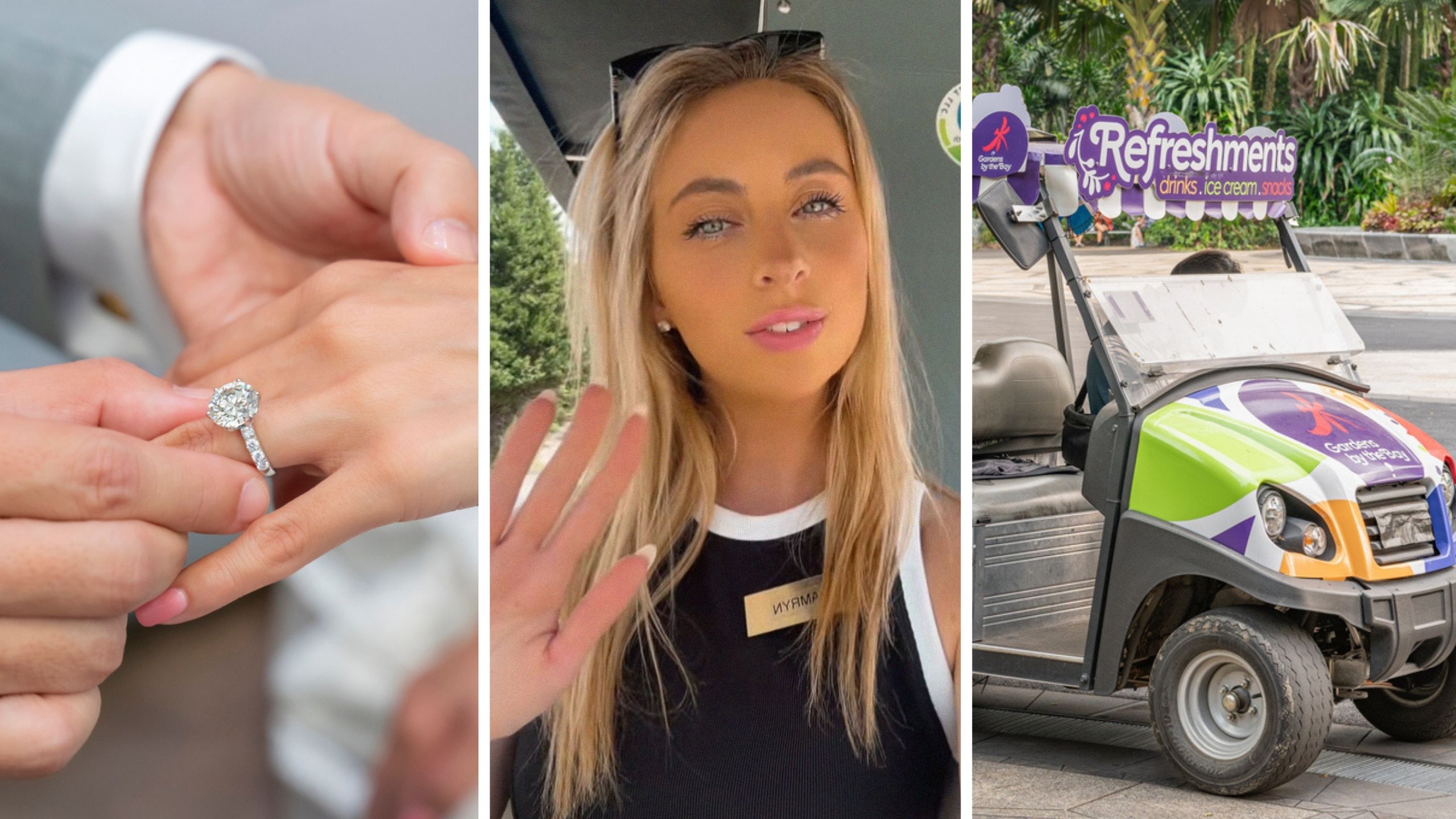 man ask woman to marry him (l) woman shares a day in the job (c) beverage cart (r)