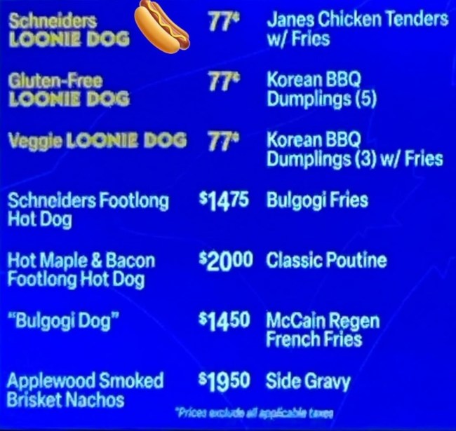 Blue Jays 77 cent hot dog menu