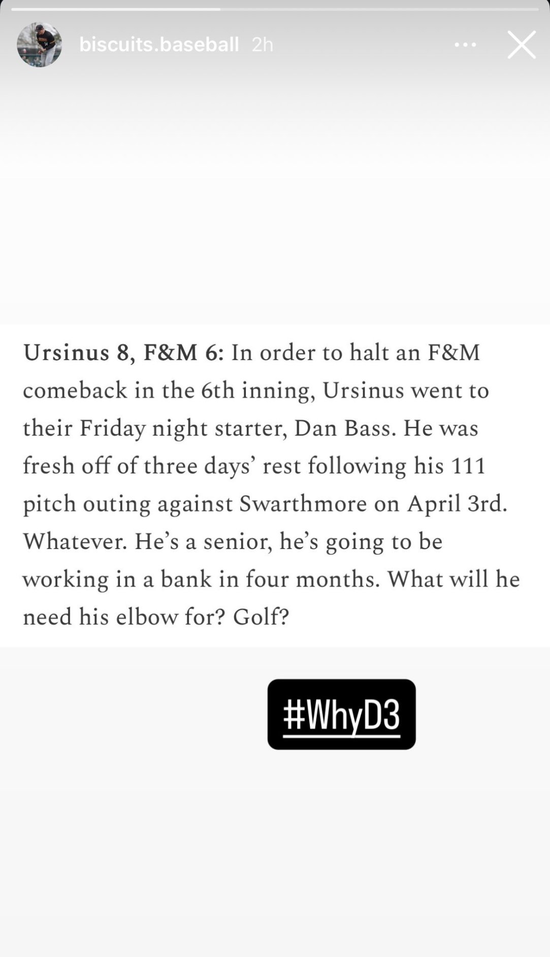 Dan Bass Ursinus Baseball Pitch Count