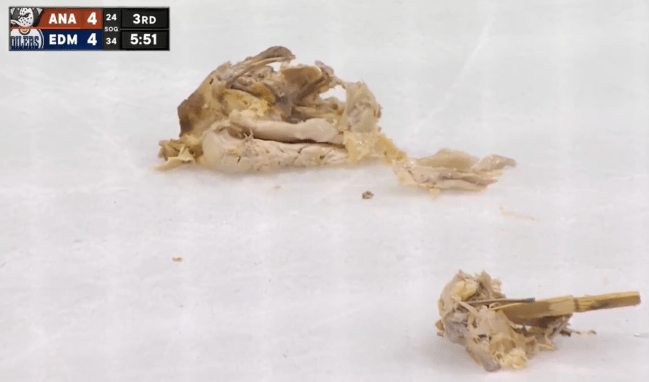 Chicken on ice during Ducks vs Oilers game