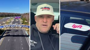 disney world entrance (l) man shares disney observation (c) lyft driver sign (r)