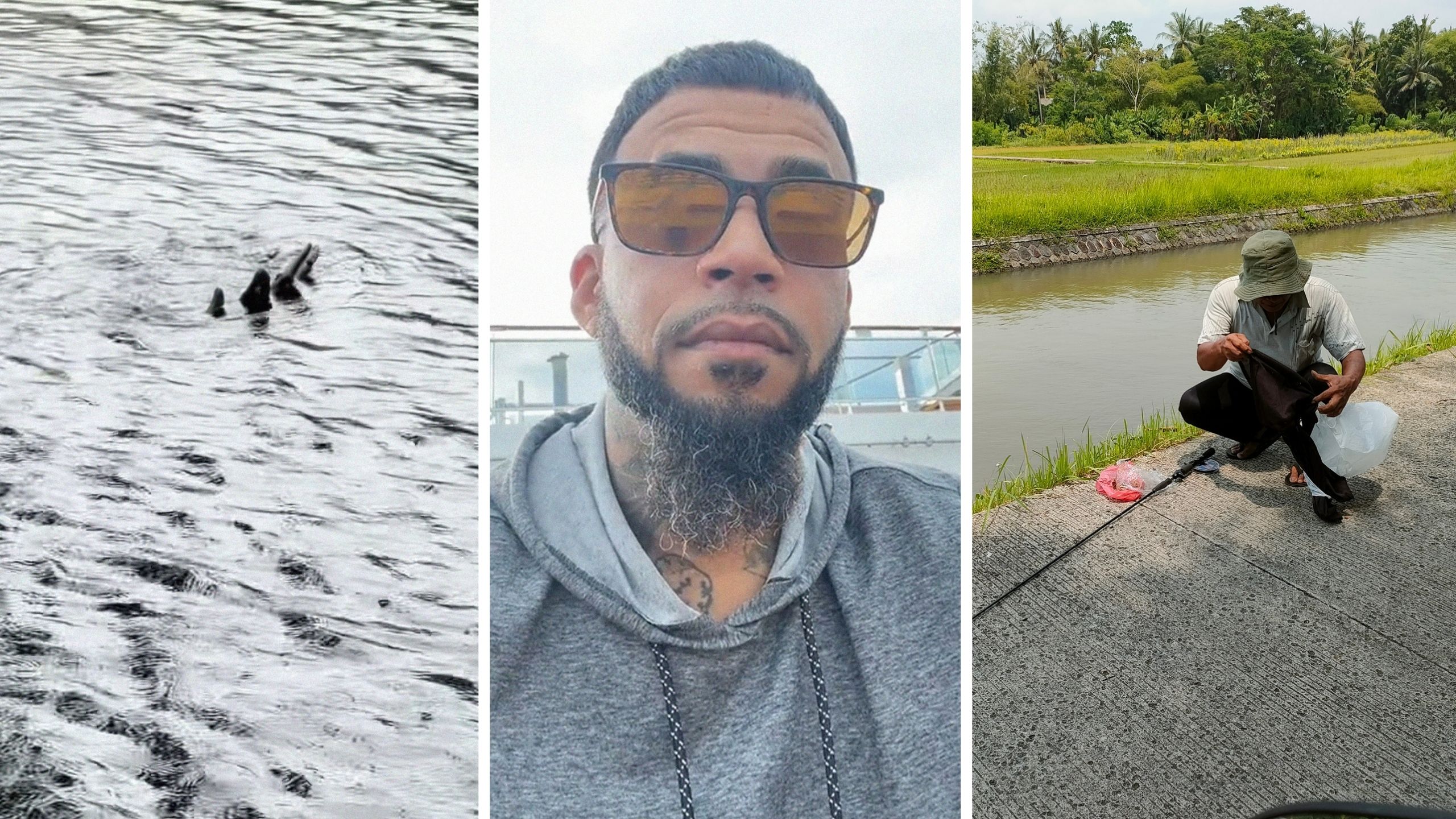 something sticking out of canal (l) man shares fishing experience (c) man fishing at canal (r)