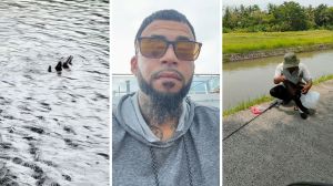 something sticking out of canal (l) man shares fishing experience (c) man fishing at canal (r)