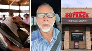 total bill (l) man shares lunch experience (c) Outback entrance (r)