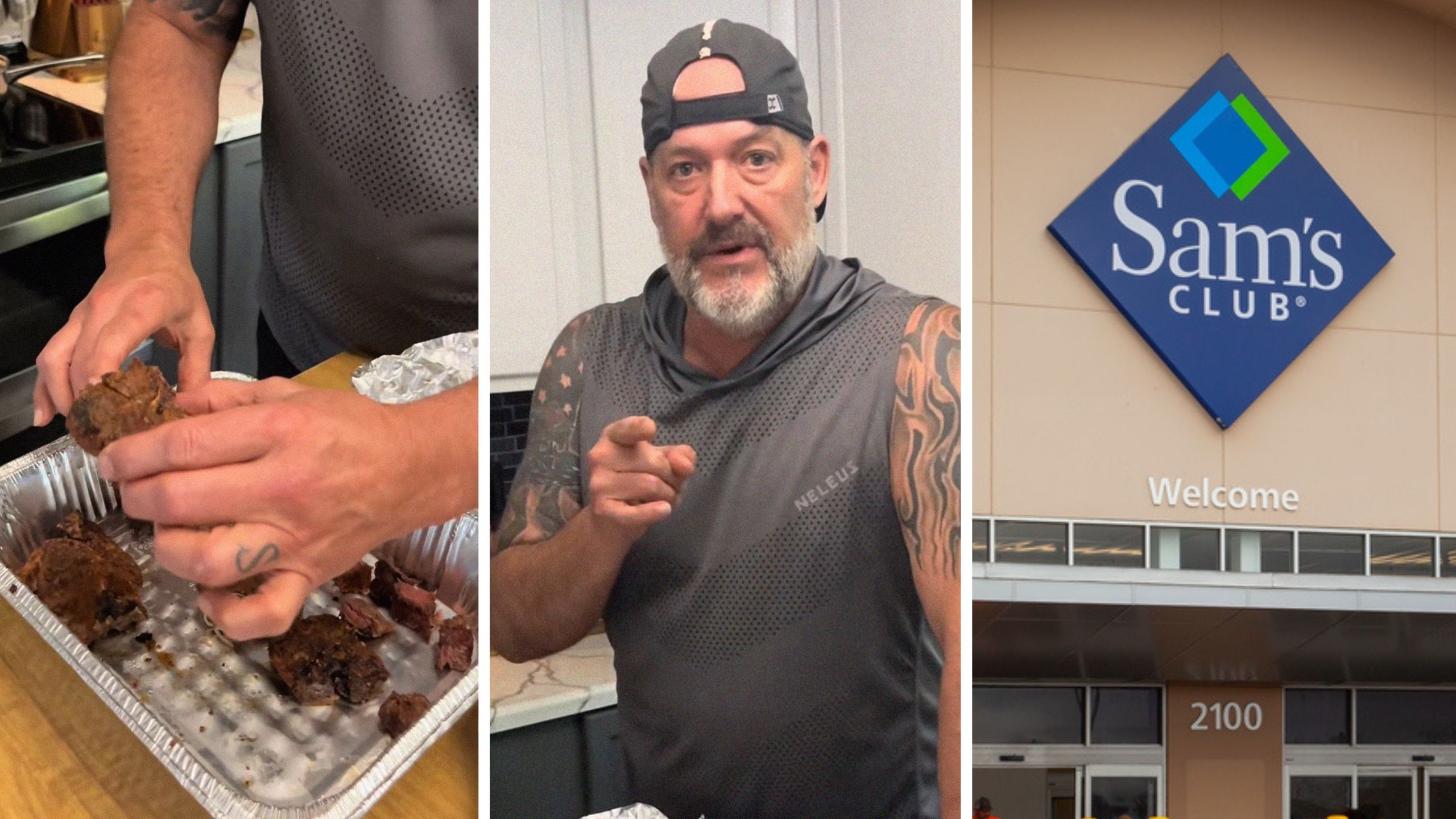man holding up his lamb meat (l) man shares sams club purchase issue (c) Sams Club entrance (r)