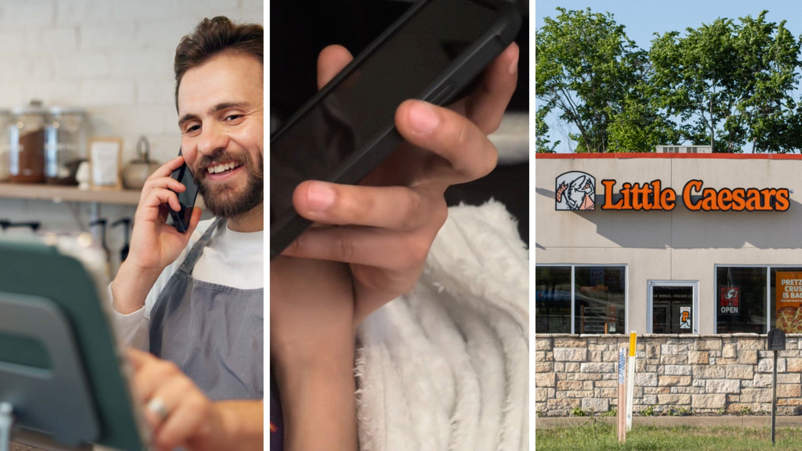 employee taking food order (l) man place pizza order (c) Little caesars entrance (r)
