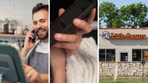 employee taking food order (l) man place pizza order (c) Little caesars entrance (r)