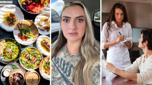 table full of food orders (l) woman shares a day in the job (c) woman taking a mans food order (r)