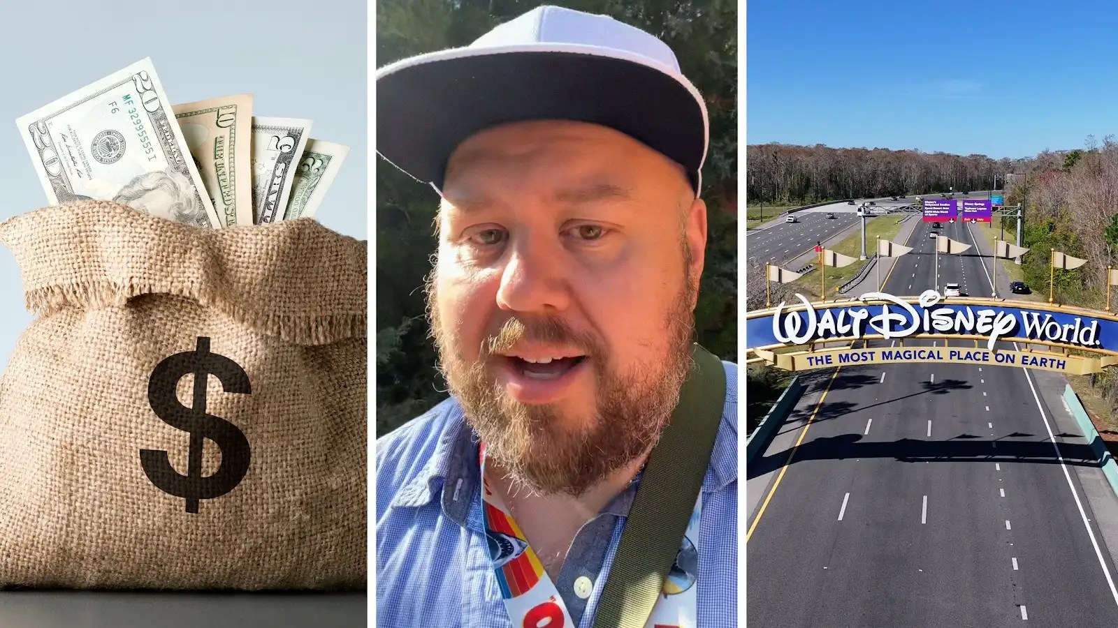 bag of money (l) man shares disney concern (c) Disney world entrance (r)