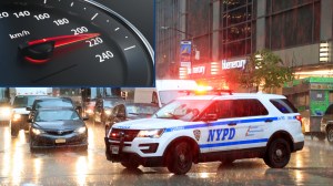 NYPD SUV next to speedometer of a vehicle speeding