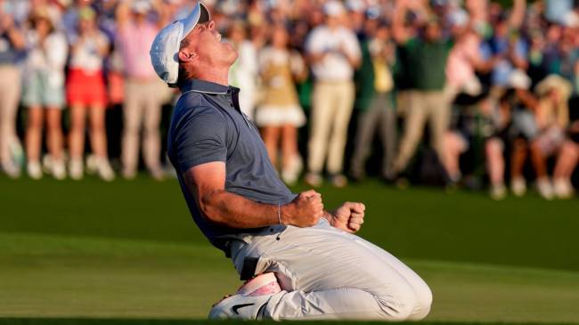 Rory McIlroy celebrates after winning The Masters in 2025