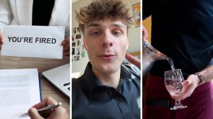 you're fired sign (l) man shares why he lost his job (c) male server (r)