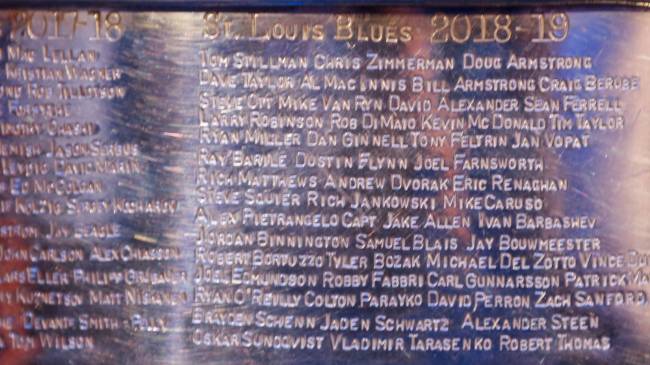 2019 St Louis Blue players names engraved on Stanley Cup