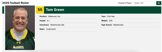 McDaniel College football player Tom Green