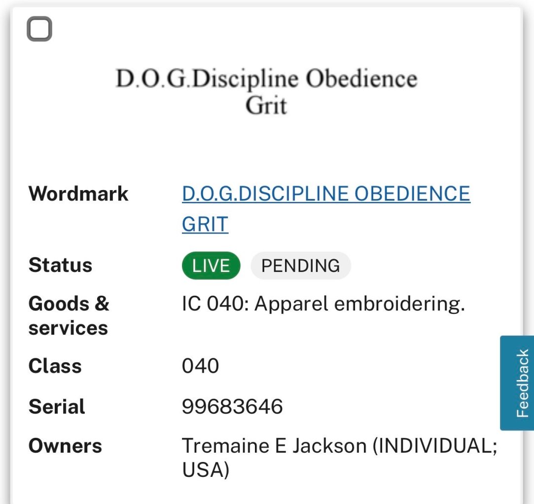 Tremaine Jackson Trademark D.O.G. Discipline Obedience Grit