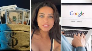 thousands of dollars (l) woman shares scam experience (c) woman googles flights (r)