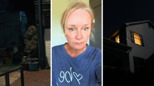 monster-like figure (l) woman shares creepy sight (c) house window view at night (r)