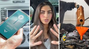 bluetooth connection (l) woman shares oil change experience (c) mechanic doing an oil change (r)
