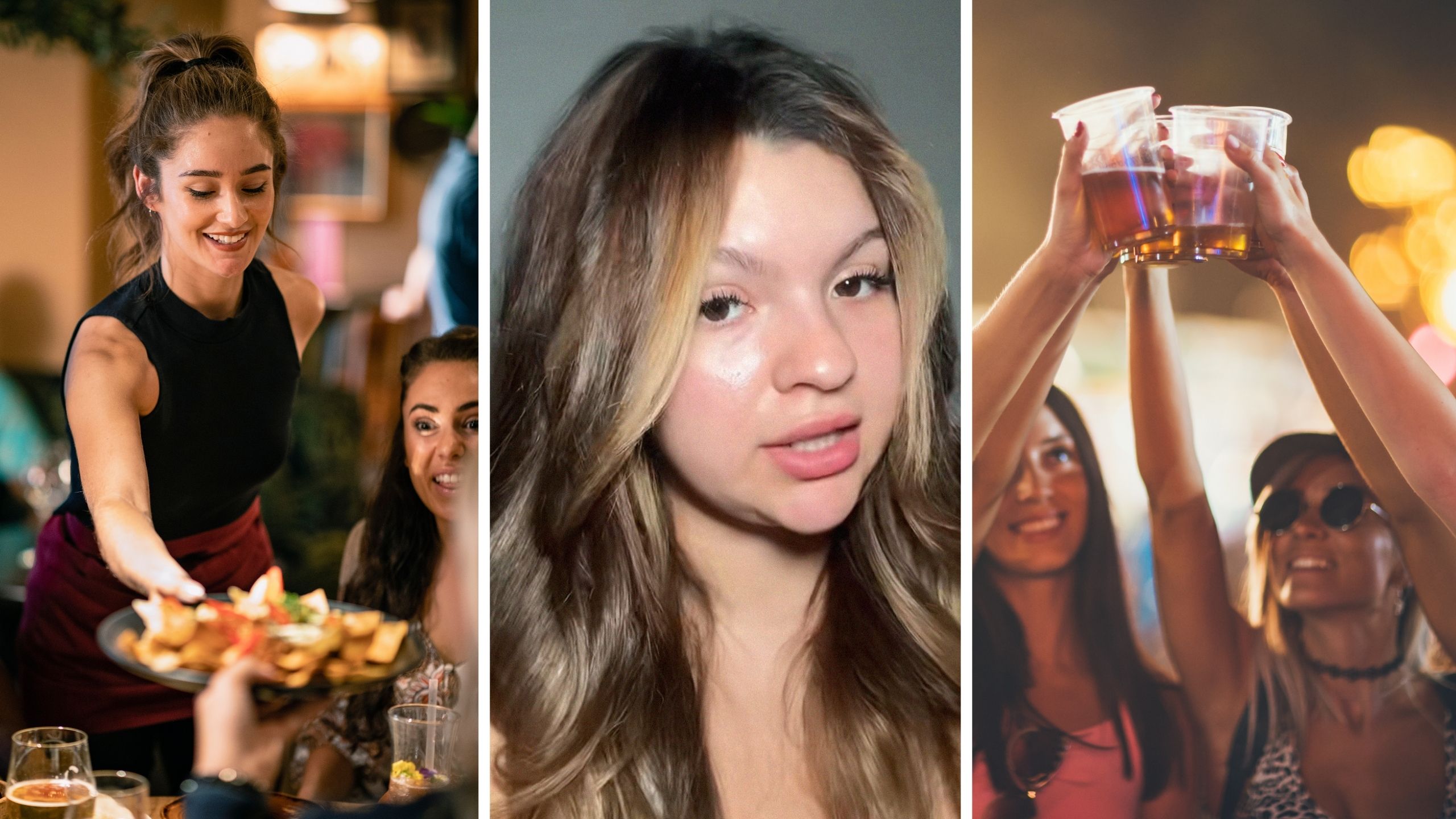 waitress brings out food (l) woman shares girl day outing results (c) girls at a bar (r)