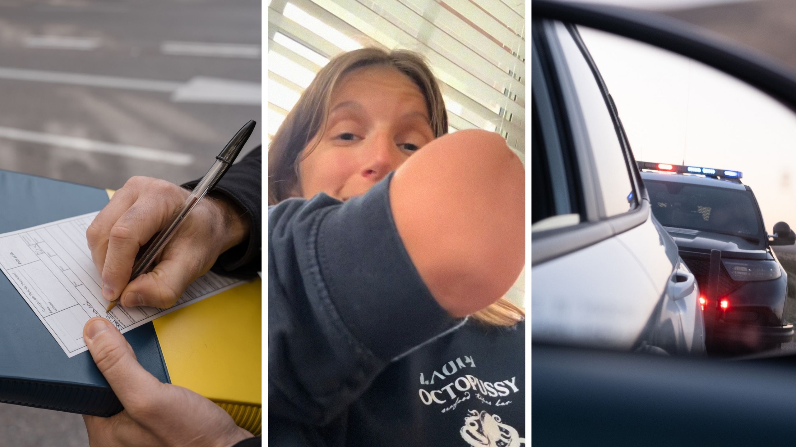 driving ticket (l) woman shares being pulled over experience (c) car pulled over to the side (r)