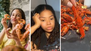 woman goes to eat seafood boil (l) woman shares eating out experience (c) crawfish boil (r)