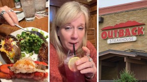 outback steak plate (l) woman shares outback experience (c) Outback steakhouse entrance (r)