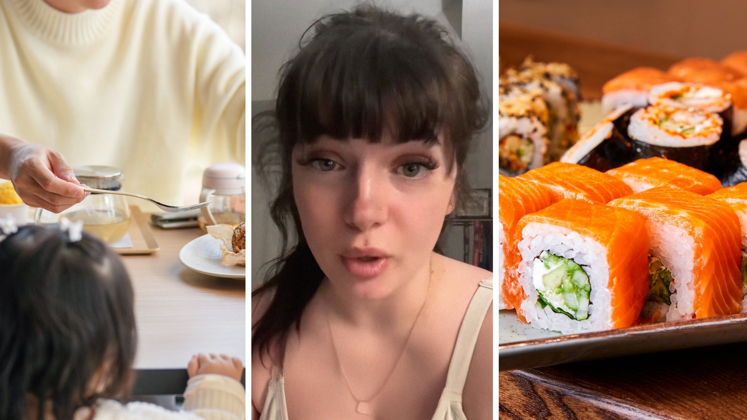 couple eating out with 1 year old daughter (l) woman shares sushi restaurant experience (c) sushi rolls (r)