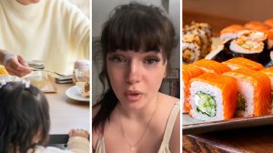 couple eating out with 1 year old daughter (l) woman shares sushi restaurant experience (c) sushi rolls (r)