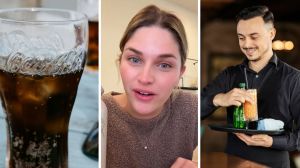 glass of coca cola (l) woman shares restaurant experience (c) waiter with drinks (r)