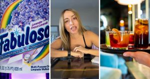 Fabuloso detergent (l) woman shares restaurant experience (c) waiter bringing drinks (r)