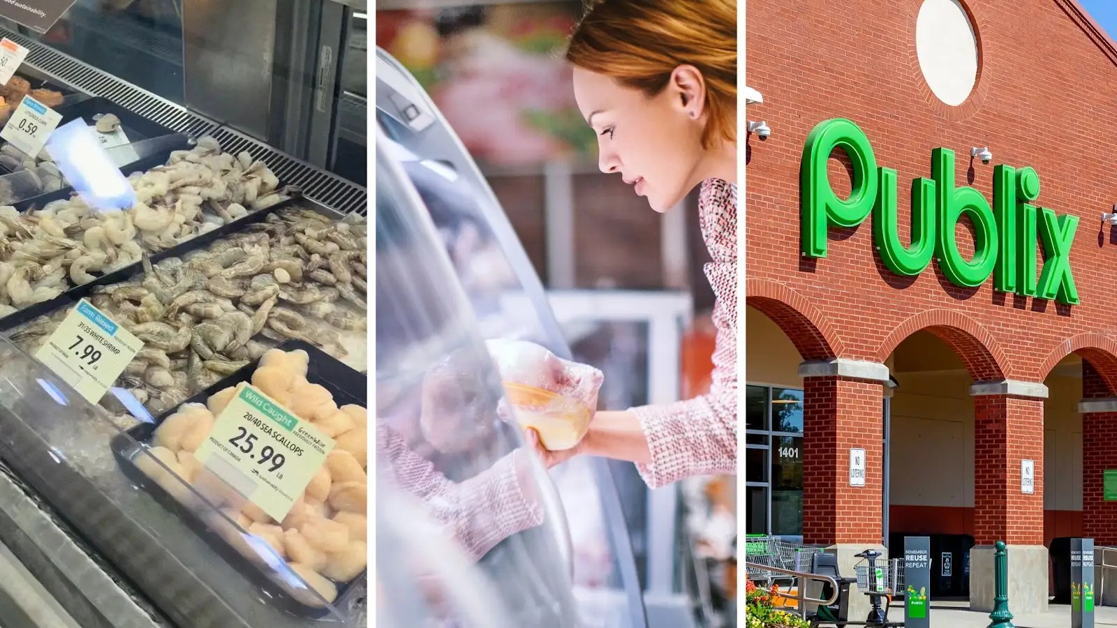 seafood case (l) woman looks into cooler (c) publix storefront (r)