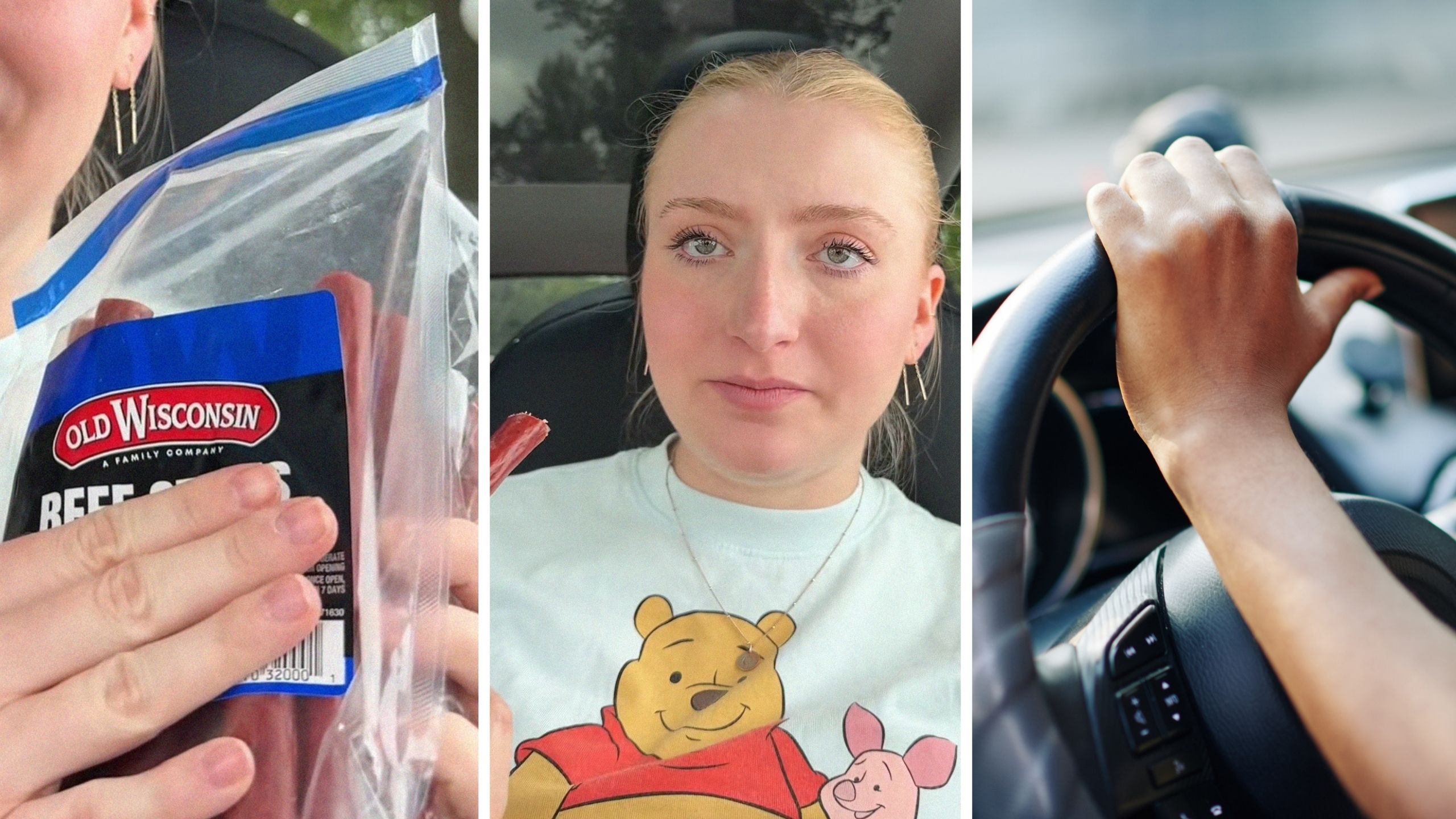 beef sticks (l) woman warns against eating a beef jerky stick while driving (c) hand on steering wheel (r)