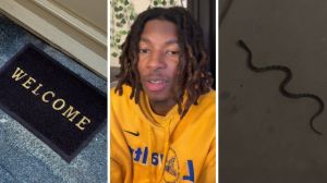 home front door (l) man shares snake encounter (c) snake on the move (r)